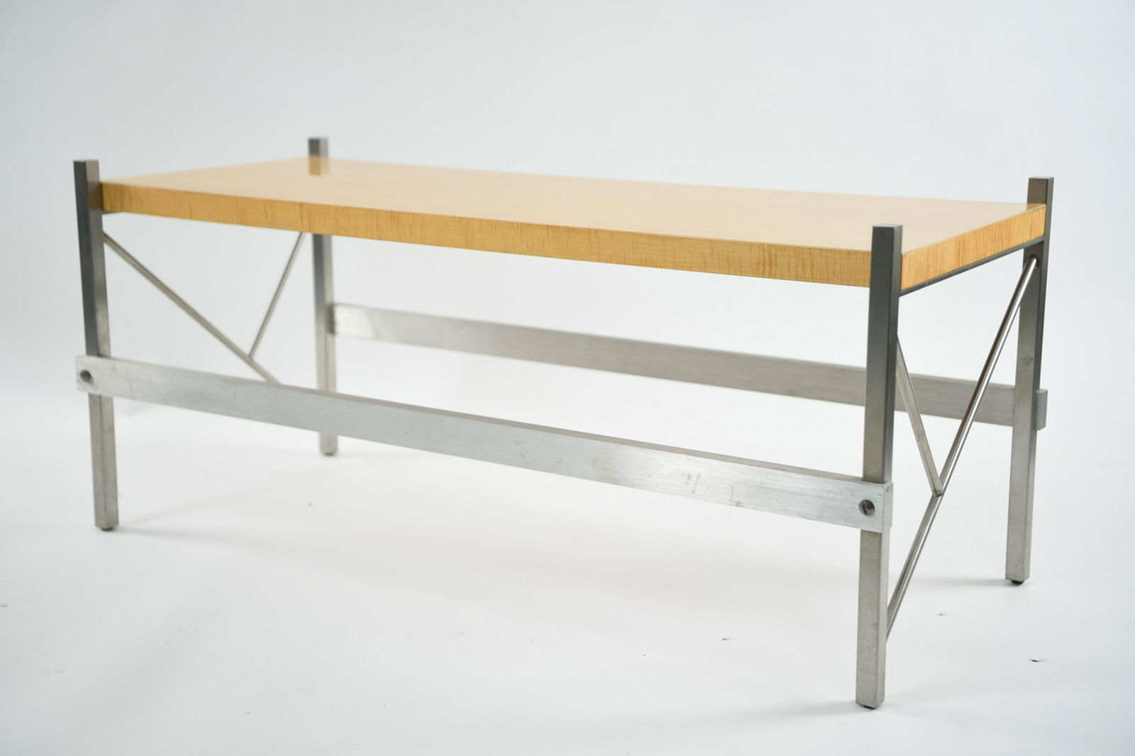 MID-CENTURY PACE COLLECTION LOW CONSOLE TABLE: Dimensions: H 21" x W 48" x D 21" Condition: Light surface scratches. Few marks to metal. Few scuffs around edges.
