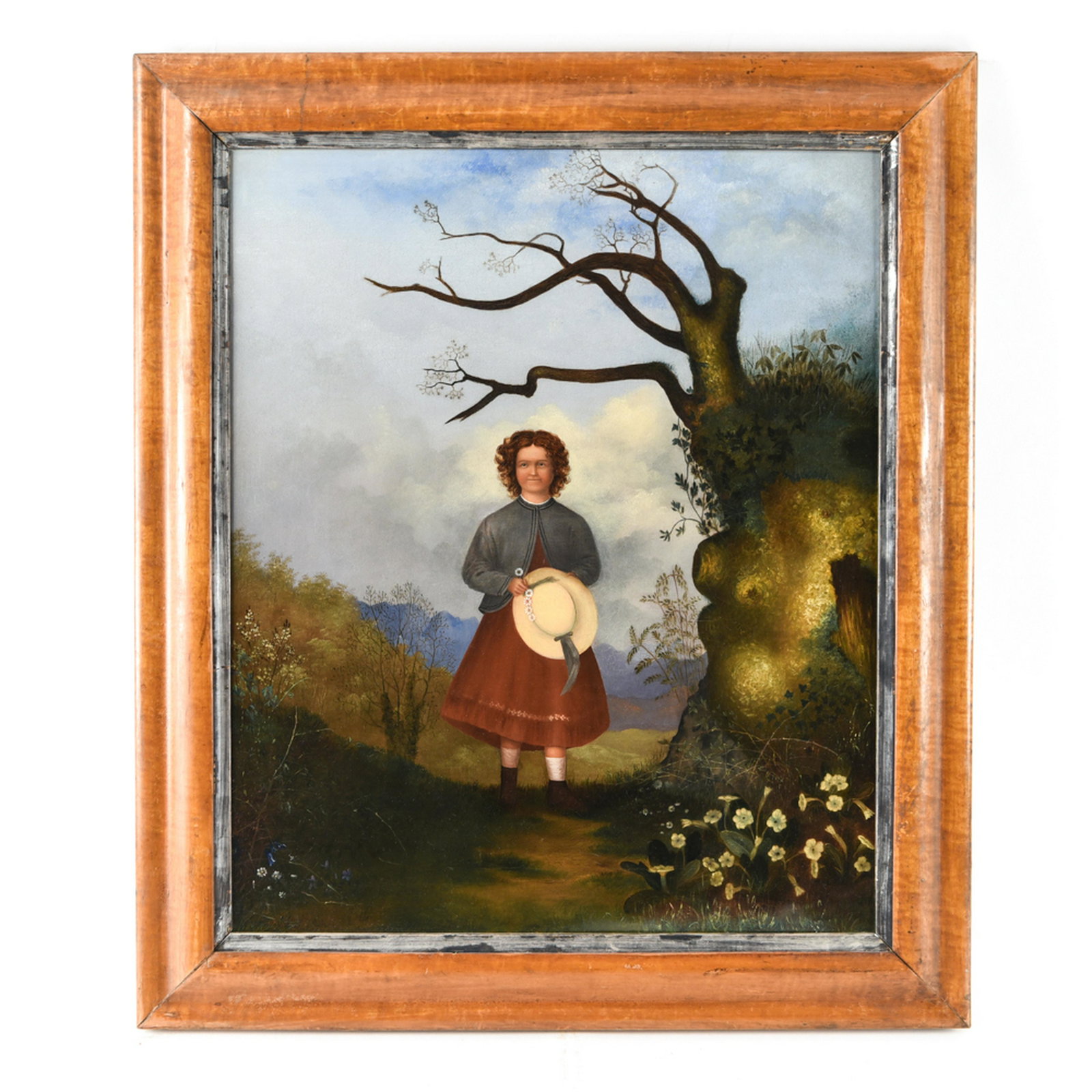 AMERICAN 19TH C. PRIMITIVE GIRL O/C: Apparently unsigned. Dimensions: (Frame) H 29.5" x W 25.25"', (Sight) H 23.25" x W 19.25" Condition: Craquelure. Showing antique wear to frame.