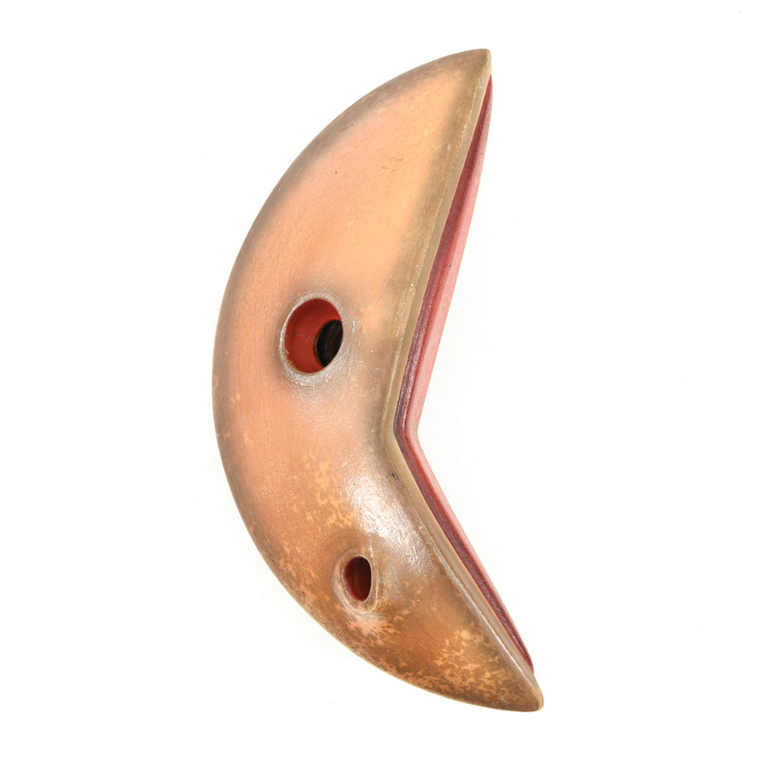 ABSTRACT TERRACOTTA OR EARTHENWARE SCULPTURE: Unsigned. Dimensions: H 24" x W 12" x D 7" Condition: Loss of paint decoration to areas. Light surface wear.