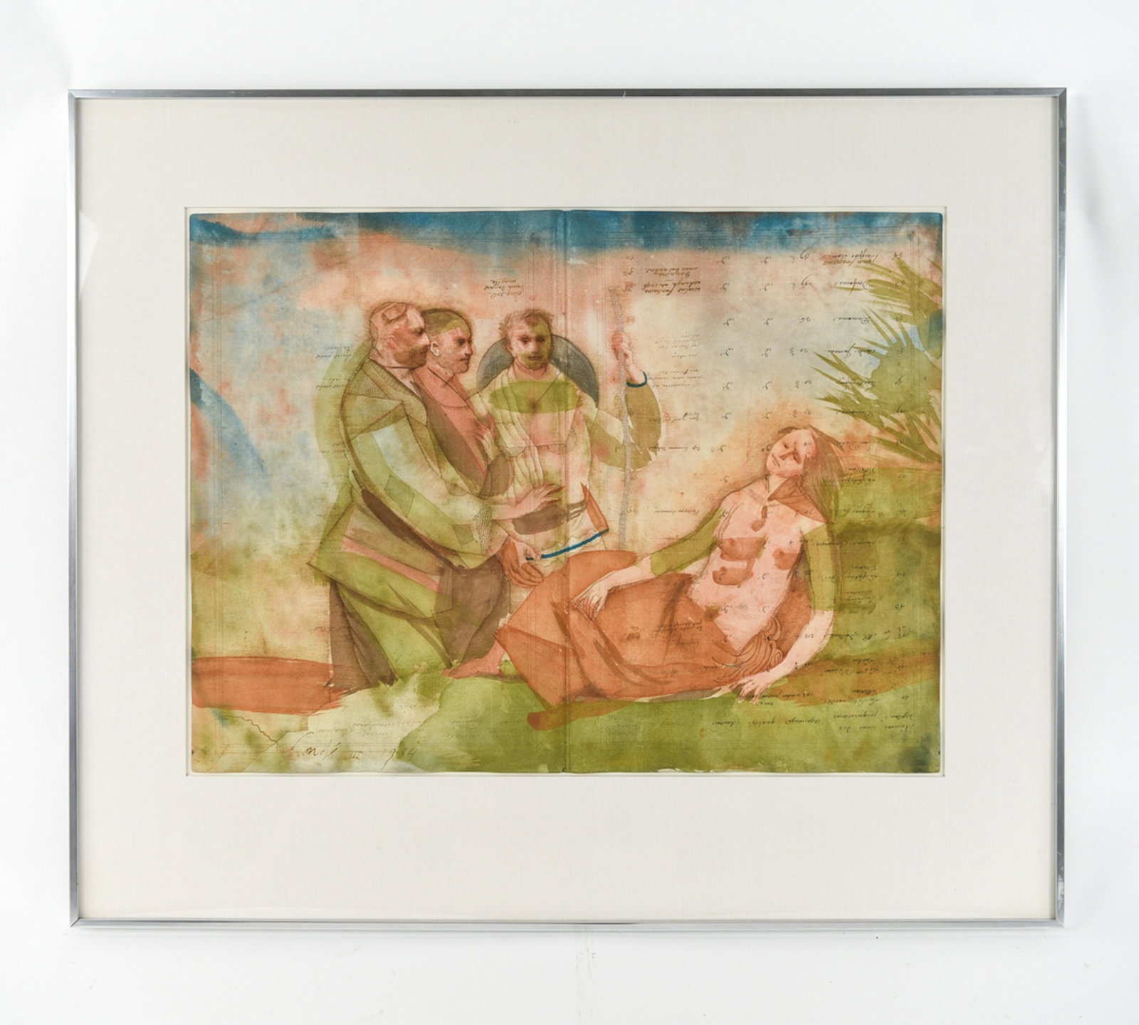MIGUEL CONDE, MEXICAN (B1939) MIXED MEDIA 1984: Ink and watercolor on folded paper to simulate antique book pages. Signed and dated lower left. Float mounted. Dimensions: (Frame) H 30.25" x W 35.25" (Paper) H 19.75" x W 26.5" Condition: Light rubbi
