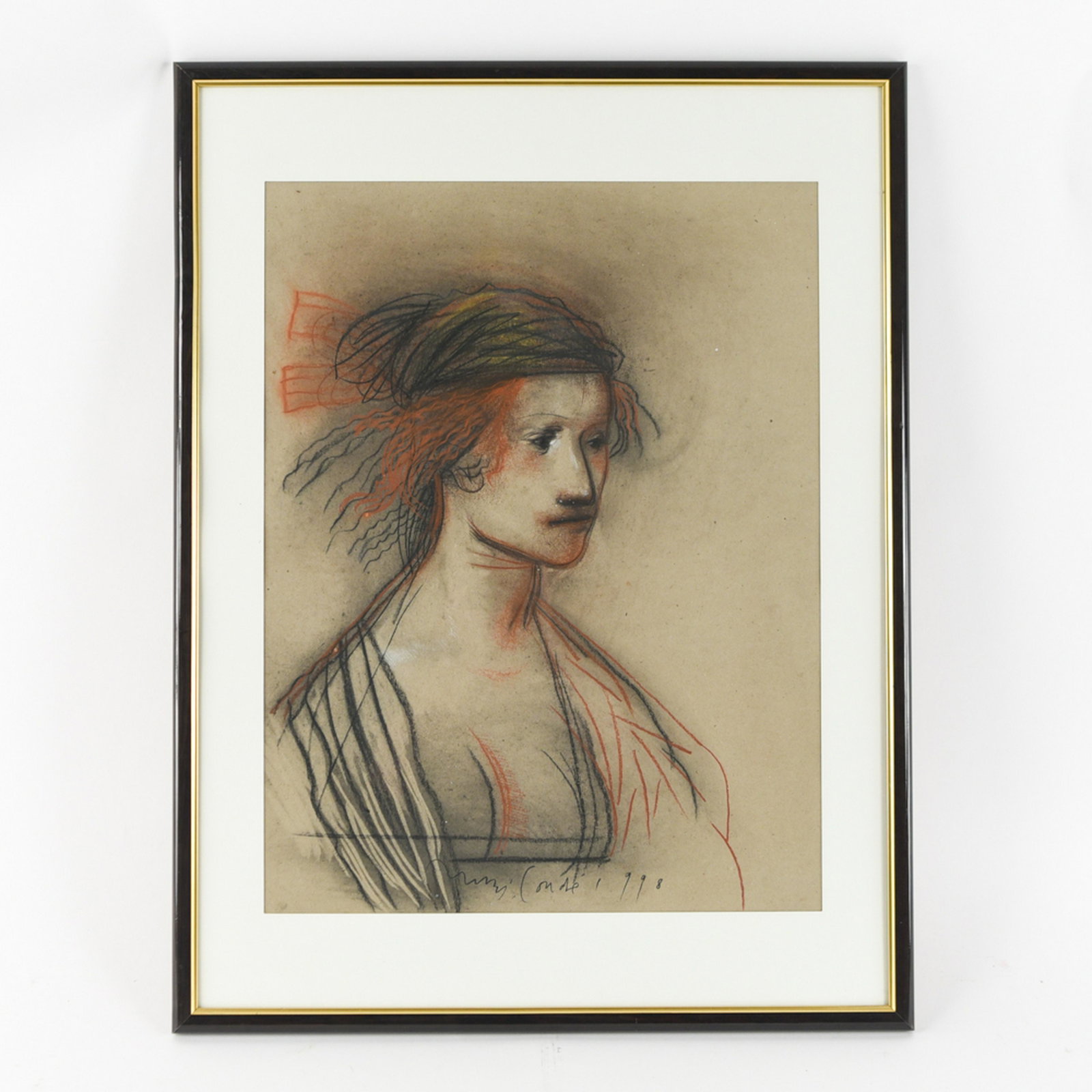 MIGUEL CONDE, MEXICAN (B 1939) CHARCOAL DRAWING: Multi colored charcoal drawing. Signed and dated 1998. Dimensions: (Frame) H 33" x W 25.25" (Sight) H 24.5" x 18.5" Condition: Light frame rubbing.