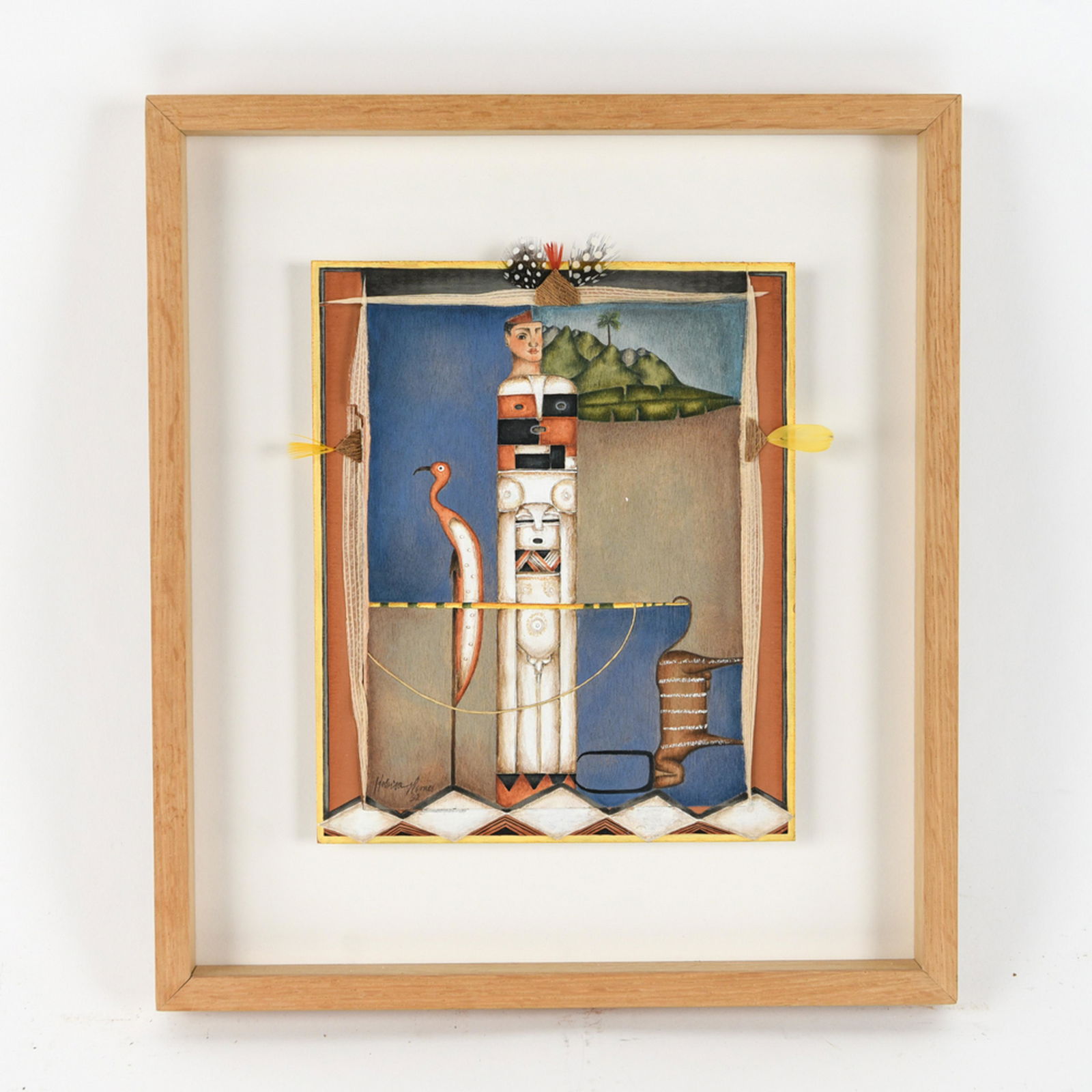 CONTEMPORARY FRENCH COLLAGE, SIGNED: Signed indistinctly and dated '92. Collage with watercolor and objects. Dimensions: (Frame) H 15.5" x W 13.5" (Collage) H 10.25" x W 8.25" Condition: Tear and becoming unattached along left edge.