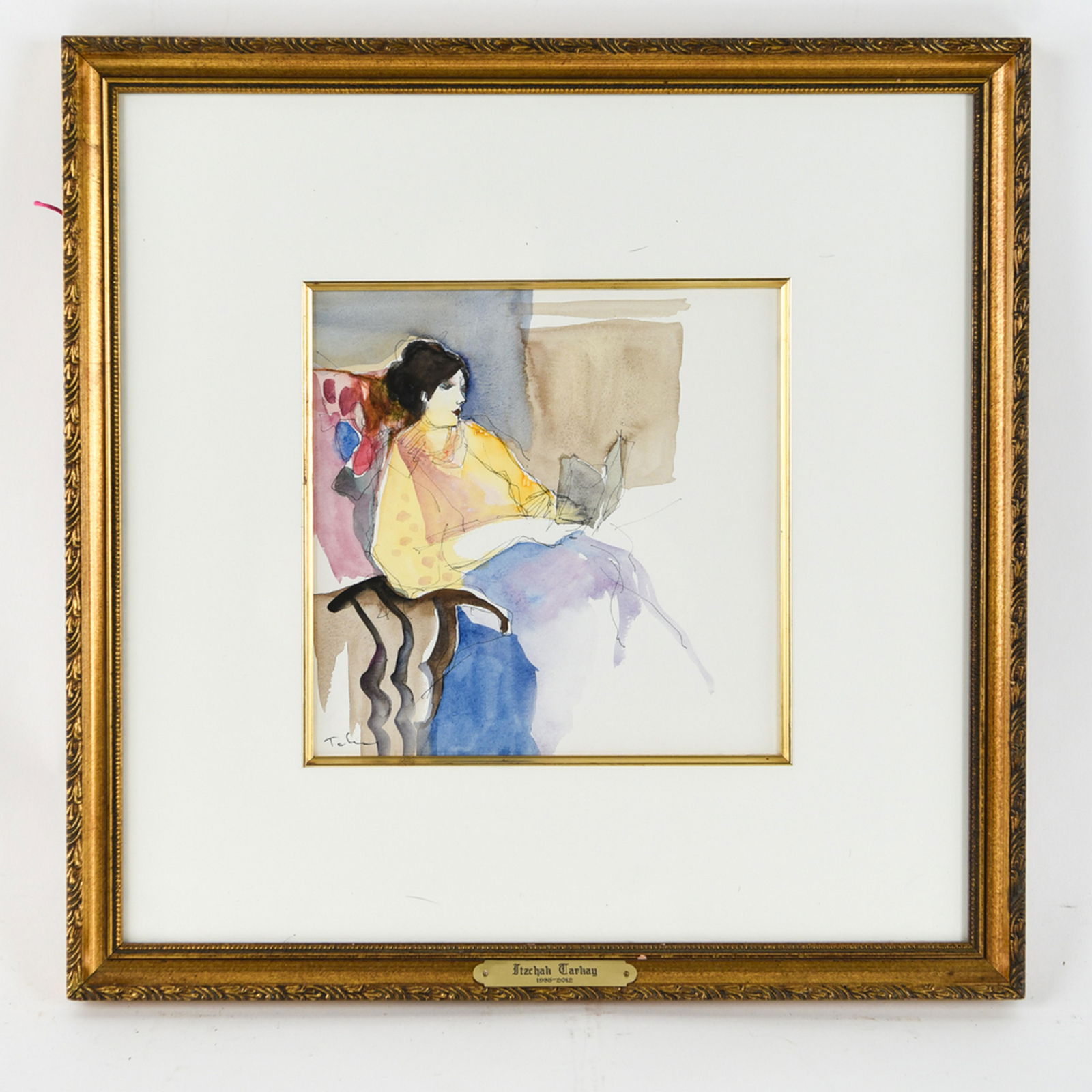 ITZCHAK TARKAY, ISRAEL (1935-2012) WATERCOLOR: Watercolor and pen on paper. Signed lower left. Plaque with artist's name and dates on frame. Dimensions: (Frame) H 20.5" x W 20.25", (Sight) H 9.75" x W 9.75" Condition: Few spots of dirt on mat insi