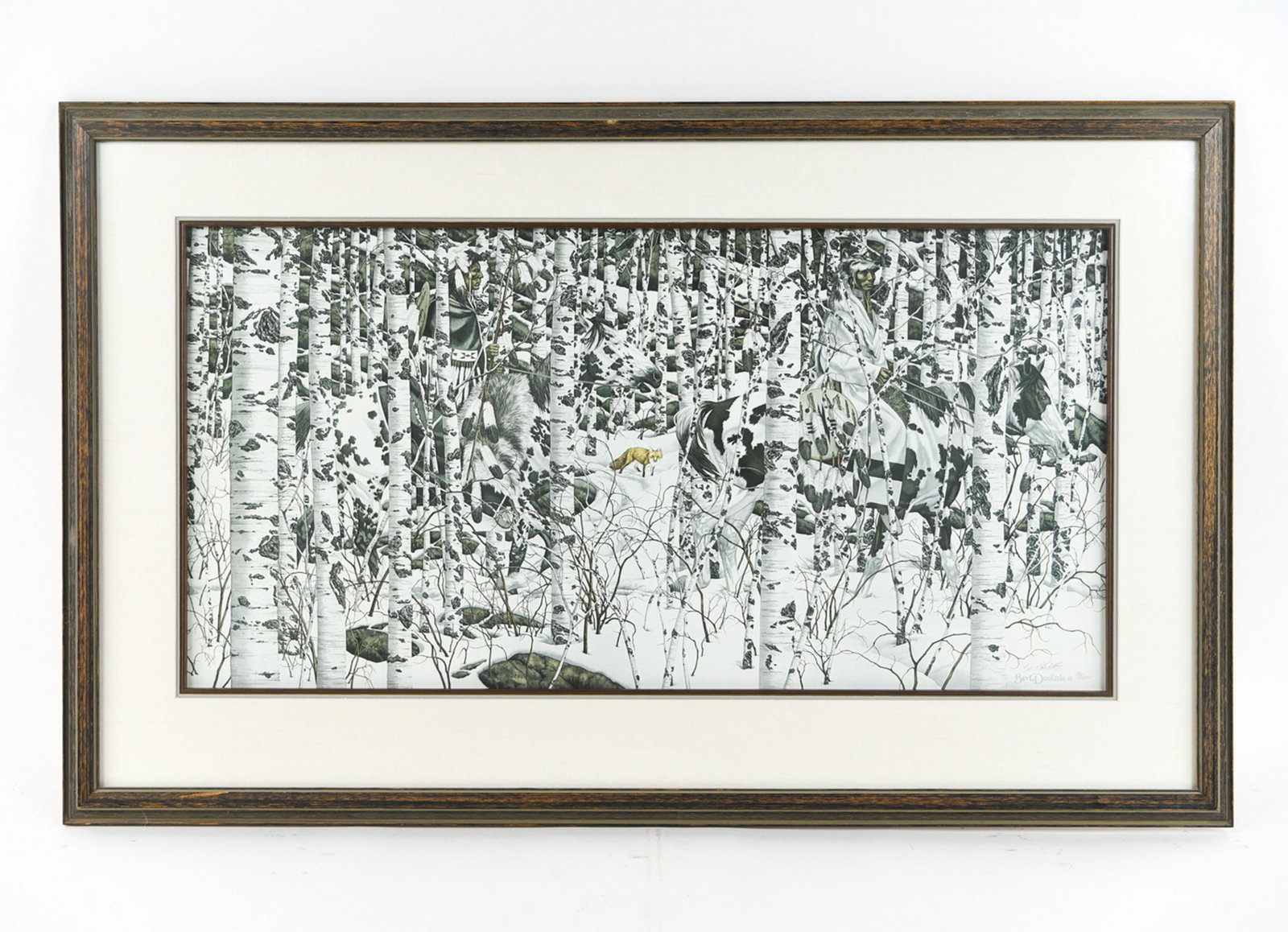 BEV DOOLITTLE PRINT: Signed and editioned in pencil lower right. Bev Doolittle, 72/1500. Titled "Woodland Encounter". Dimensions: (Frame) H 26" x W 41.5", (Sight) H 16.25" x W 32.5" Condition: Couple small dings to frame.