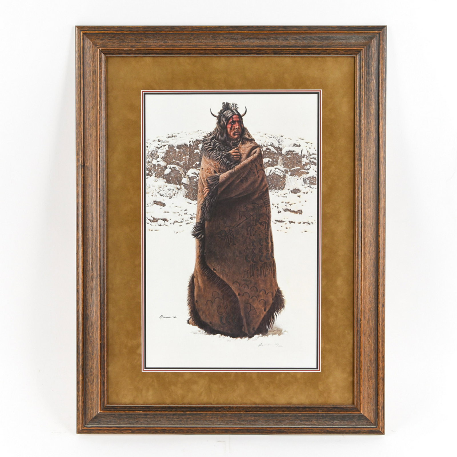 JAMES BAMA PRINT: Dated '92. Signed and editioned in pencil lower right. Bama, 118/1000. Titled "Blackfeet War Robe". Dimensions: (Frame) H 31.75" x W 23.75", (Sight) H 20.75" x W 13" Condition: No issues to note.