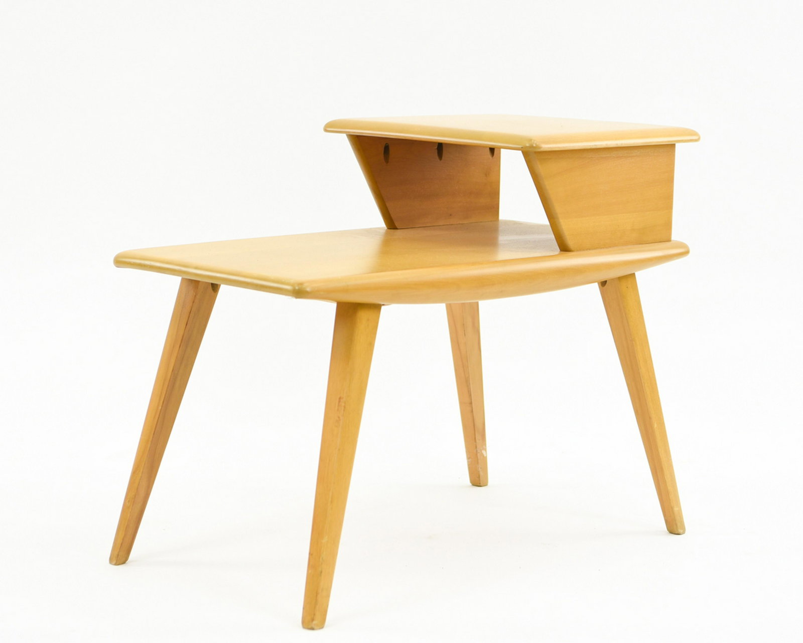 HAYEWOOD-WAKEFIELD SIDE TABLE: Stamped underneath Dimensions: H 21.75" x W 28" x D 15.25" Condition: Wear at some edges including scuffs and scrapes. Some rubs to legs.