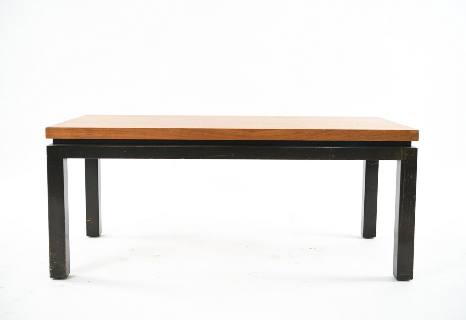 HARVEY PROBBER MID-CENTURY COFFEE TABLE: Dimensions: H 15" x W 36" x D 18" Condition: Scuffs, scratches, gouges, nicks, dings, finish wear throughout. Moderate wear from use throughout.