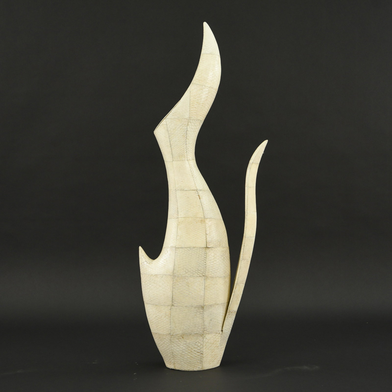 PYTHON SNAKE SKIN LARGE SCULPTURAL EWER VASE: Dimensions: H 43" x W 14.5" x D 6" Condition: Missing piece of tessellation. Few edges peeling up. Surface dirt.