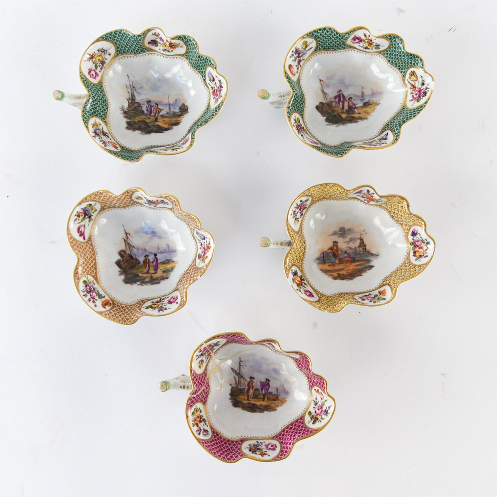 GROUPING OF SMALL PORCELAIN DISHES: (5) pieces. Marked with blue R underneath. Dimensions: H 1.75" x W 5" x D 3.5" Condition: One missing handle. One with old repair. Few flea bites.