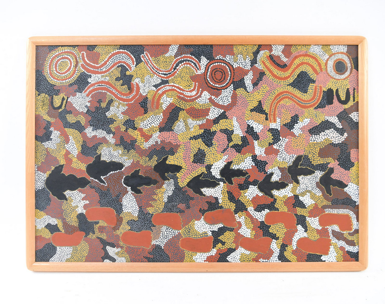 SELINA TILLMOUTH MODERN ABORIGINAL O/C: Signed and titled "Emu Dreaming" verso with further information. Dimensions: (Frame) H 26" x W 37" (Painting) H 23.75" x W 35.75" Condition: No issues to note.