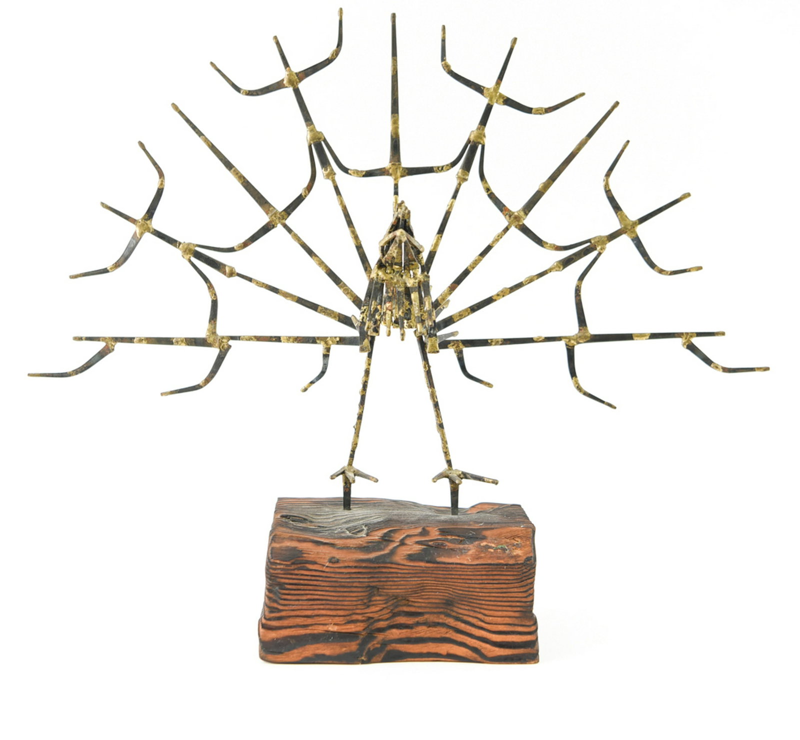 PHILIP JEAN BRUTALIST PEACOCK SCULPTURE: Dimensions: (With base) H 16.5" x W 20" x D 5" Condition: Name plate loose.