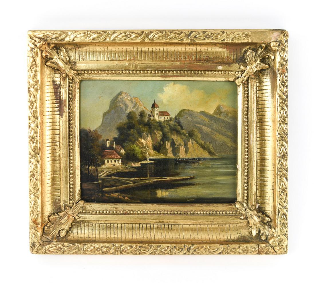 OIL ON PANEL ALPINE LAKE SCENE, SIGNED (1 of 7)