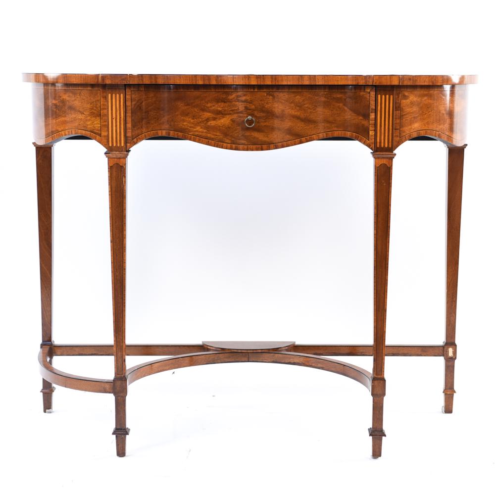 INLAID MAHOGANY VANITY TABLE OR DESK: Dimensions: H 33" x W 42.25" x D 17" Condition: Scuffs and scratches. Some veneer losses. Some peeling to veneer.