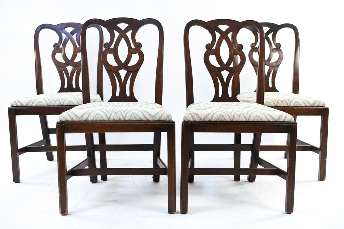(4) CHIPPENDALE STYLE CHAIRS: Dimensions: H 37" x W 21" x D 21.5" x SH 19" Condition: Some old repairs, joint separation. Wear to wood. Nicks, dings, scratches, scuffs. Some losses to wood. Few small stains to seat upholstery.
