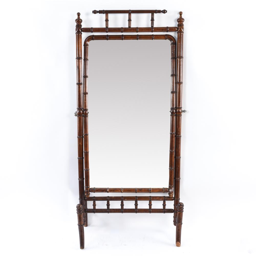 ANTIQUE FAUX BAMBOO CHEVAL MIRROR FOR REPAIR: Dimensions: H 71" x W 34.75" x D 16" Condition: As is. Breaks to legs, does not stand without support. In need of restoration. One finial broken off but included. Losses throughout.