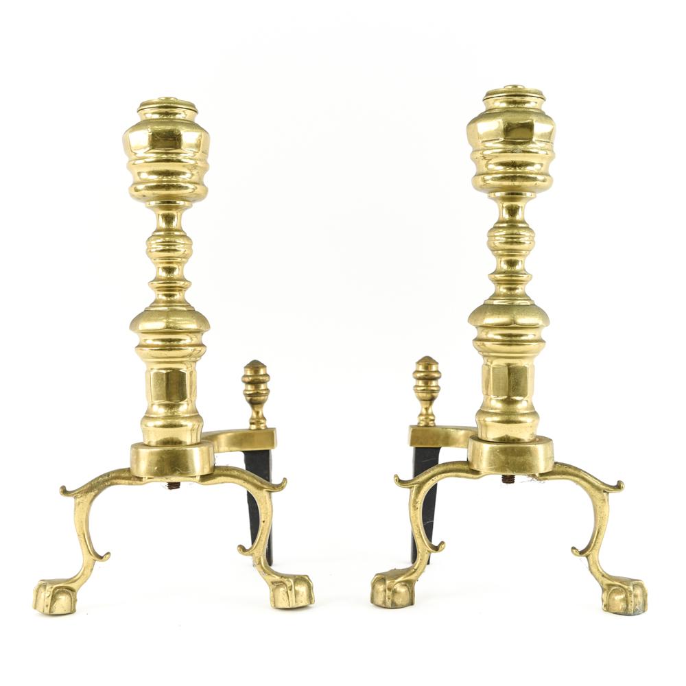 PAIR OF BRASS ANDIRONS: Dimensions: H 19" x W 9" x D 9" Condition: Light signs of age.