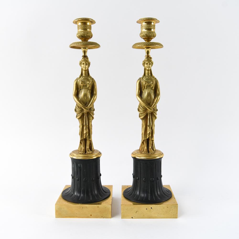 PAIR NEOCLASSICAL FIGURAL BRONZE CANDLESTICKS (1 of 11)