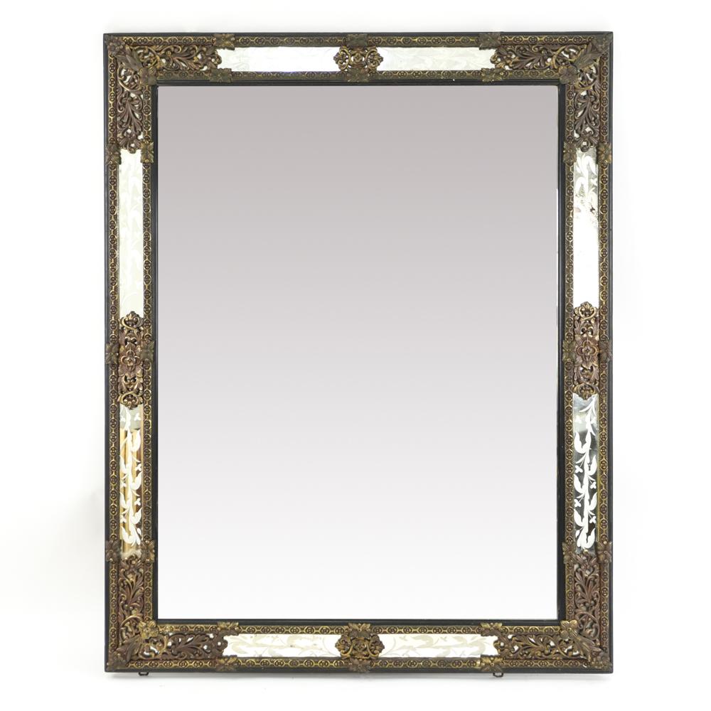 MONUMENTAL ORMOLU MOUNT DECO VENITIAN STYLE MIRROR: Dimensions: H 58.25" x W 45.75" Condition: Age wear to frame, some de-silvering to mirror particularly around frame.