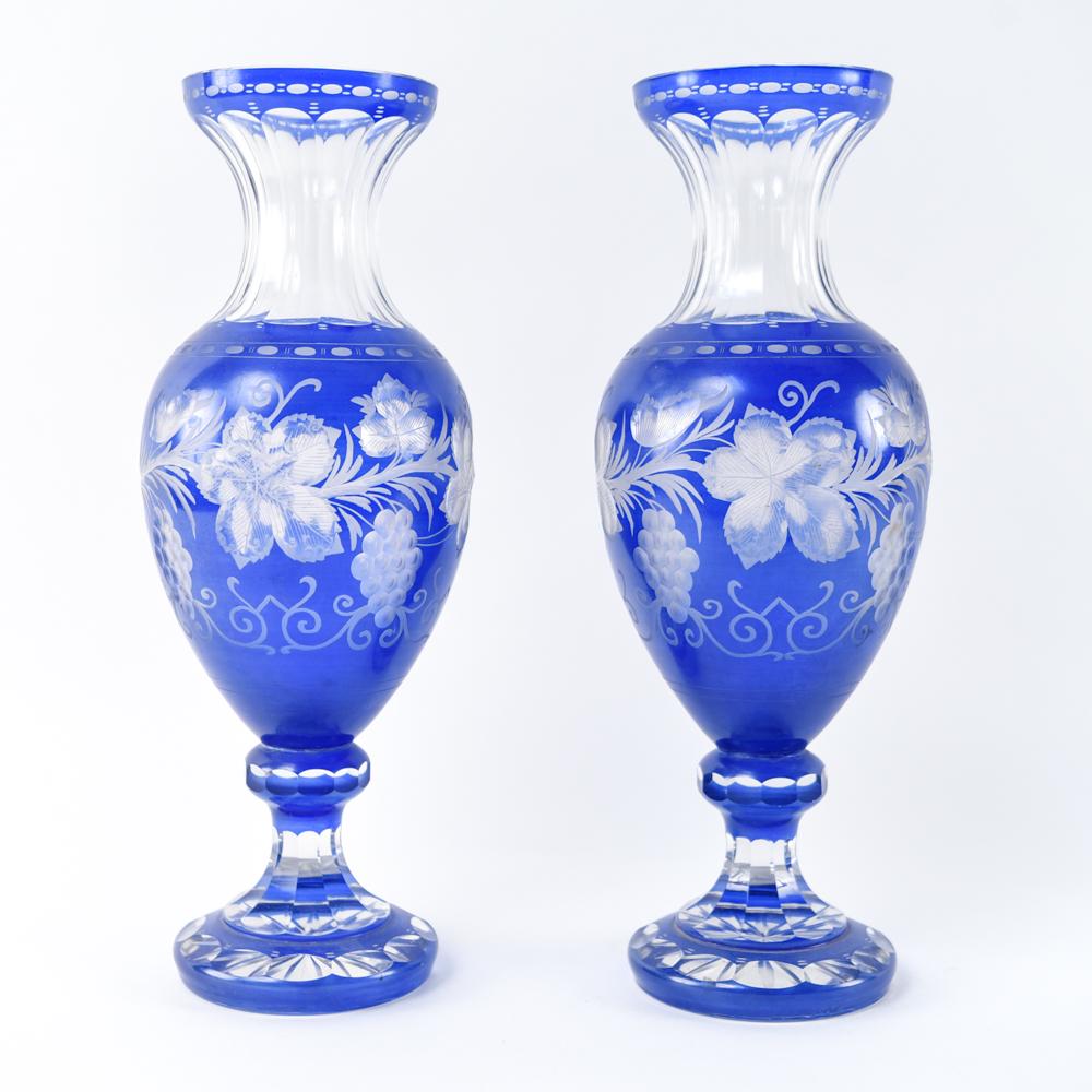 PAIR OF LARGE BLUE CUT TO CLEAR GLASS VASES (1 of 10)