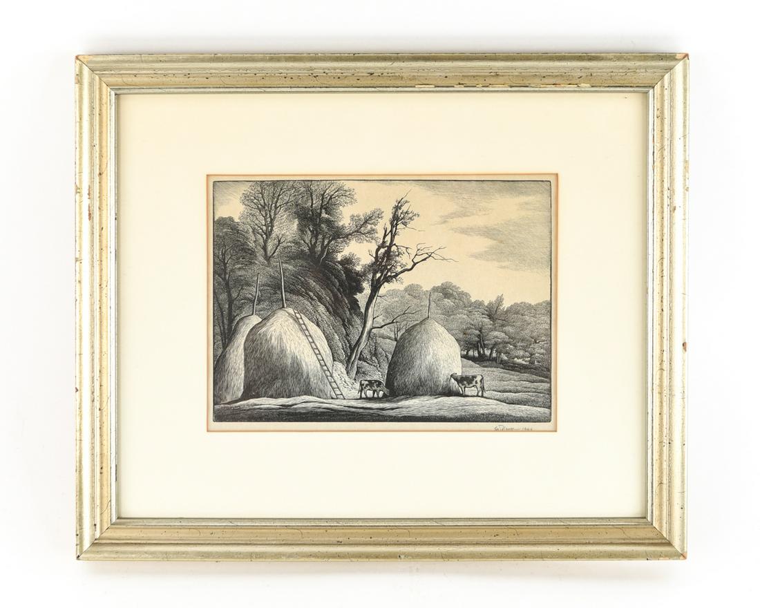 THOMAS NASON (1889-1971) WOOD ENGRAVING: "Haystacks." Published by AAA. Pencil signed, dated 1949. With label on framing. Dimensions: (Frame) H 13.25" x W 15.75", (Sight) H 6.75" x W 9" Condition: Light toning, frame with rubbing.