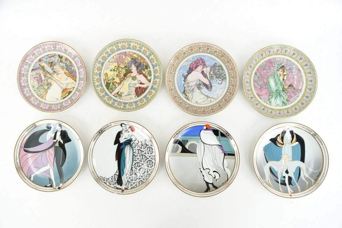 GROUPING OF PLATES INCL. MUCHA & ERTE LIKE DECO: One set by Hutschenreuther, one set by W.S. George. Dimensions: Dia. 8.5" Condition: One with break and chip to rim. Some rubbing to rims.