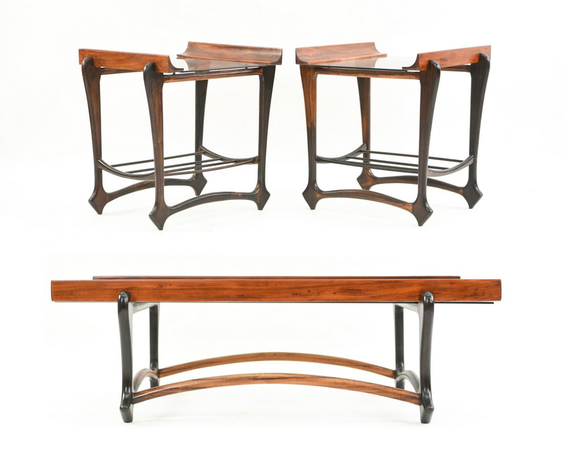 GIUSEPPE SCAPINELLI COFFEE & SIDE TABLES: In jacaranda with glass tops. Dimensions: (Coffee table) H 15" x W 45.25" x D 25" Condition: Couple light scratches and dings. Pontil like marks to one side of each glass top.