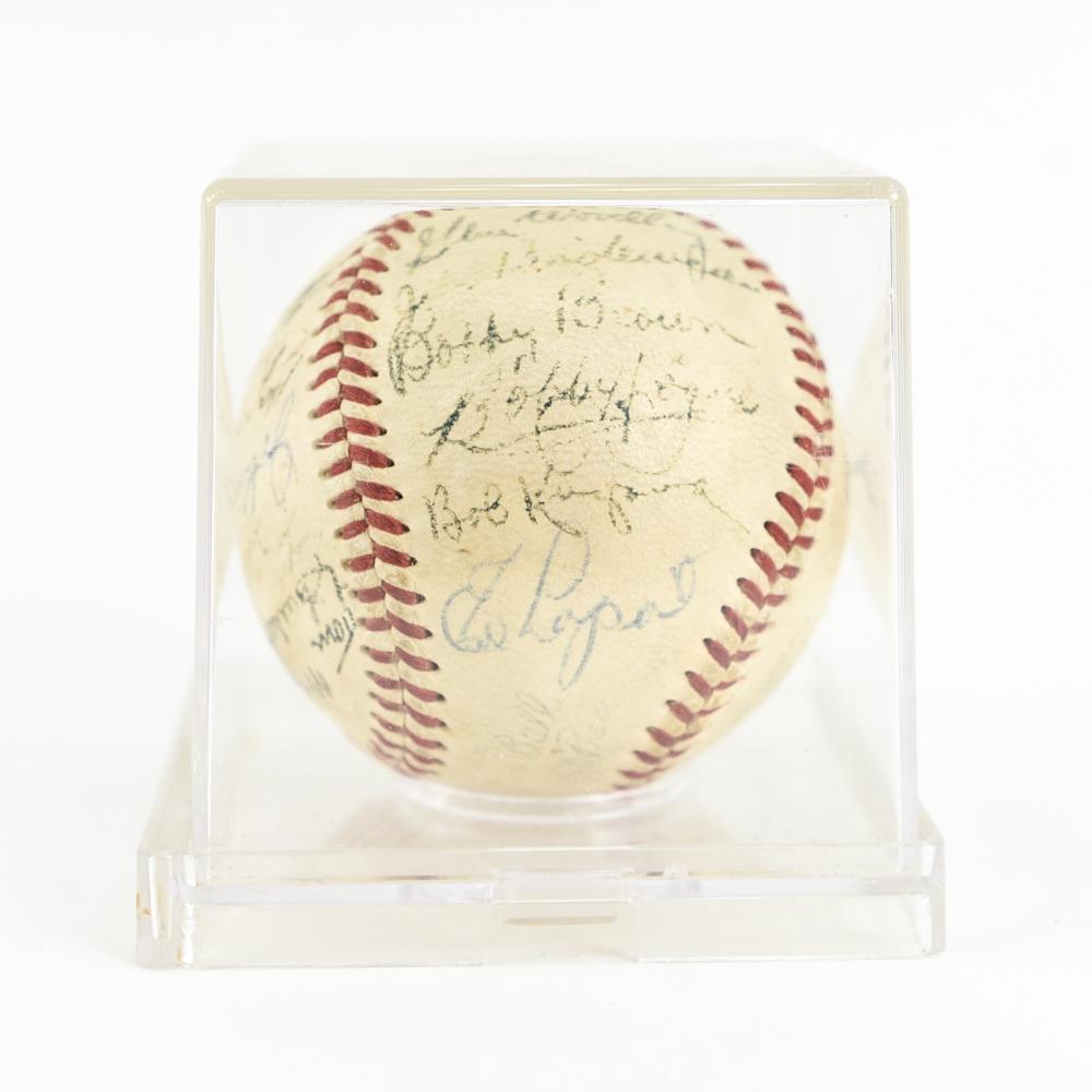 MICKEY MANTLE AND MORE SIGNED BASEBALL: Including signatures from Mickey Mantle, Casey Stengel, Bobby Brown, etc. Dimensions: (Display box) H 3.5" x W 3.5" x D 3.5" Condition: As shown.