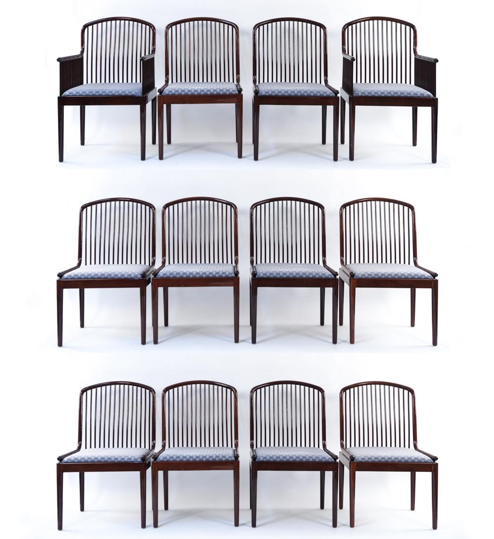 (12) DAVIS ALLEN FOR STENDIG DINING CHAIRS: Tagged underneath: Stendig Dimensions: H 37" x W 21.5" x D 23.5" x SH 17.5" Condition: Minor scratches to finish, light fading to fabric.