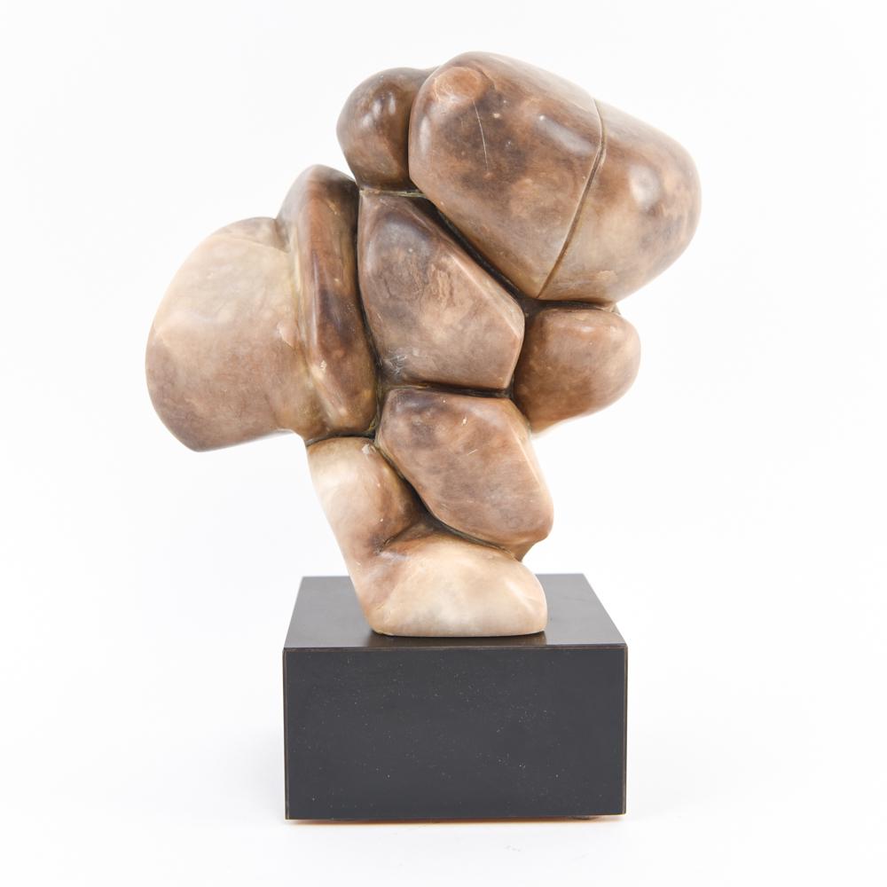 WILLIAM P. KATZ ABSTRACT MARBLE SCULPTURE: On wooden base. C. 1970s. Signed WPK on base edge of marble. Dimensions: (On base) H 13" x W 10" x D 8" Condition: Some light surface scratches.