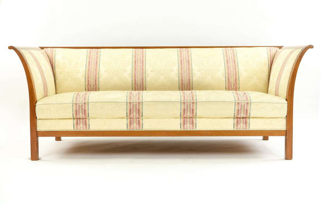 FRITS HENNINGSEN STYLE DANISH MID-CENTURY SOFA: Dimensions: H 30" x W 78.5" x D 31" x SH 16" Condition: Showing light wear consistent with use. Few small marks and faint stains to upholstery. Some rubs, dings, and marks to wood. Area with impressio