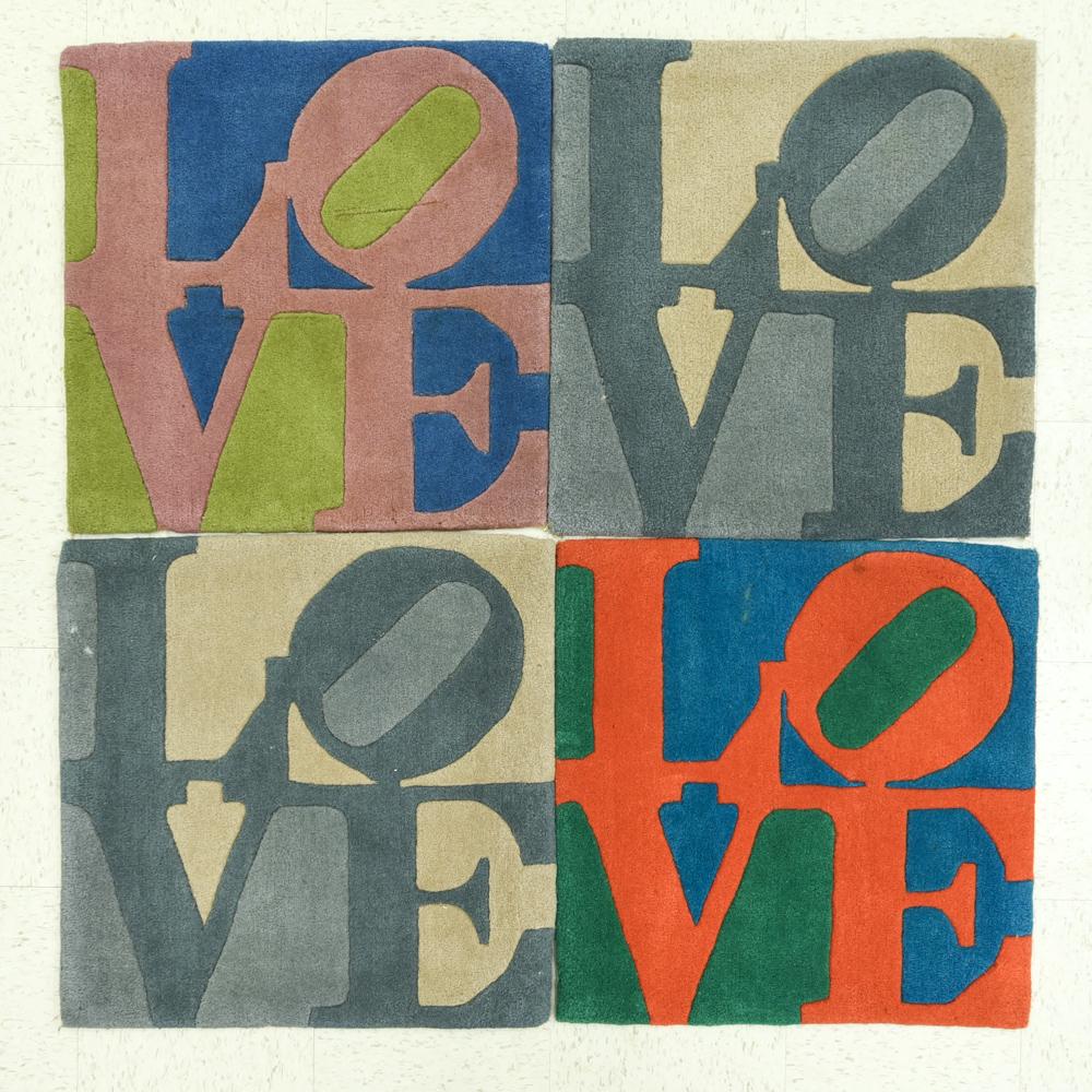 (4) ROBERT INDIANA LOVE RUGS: From Master Artist Rugs. Two with labels. Dimensions: L 24" x W 24" Condition: Few with light stains, could use cleaning. Some back borders coming loose.
