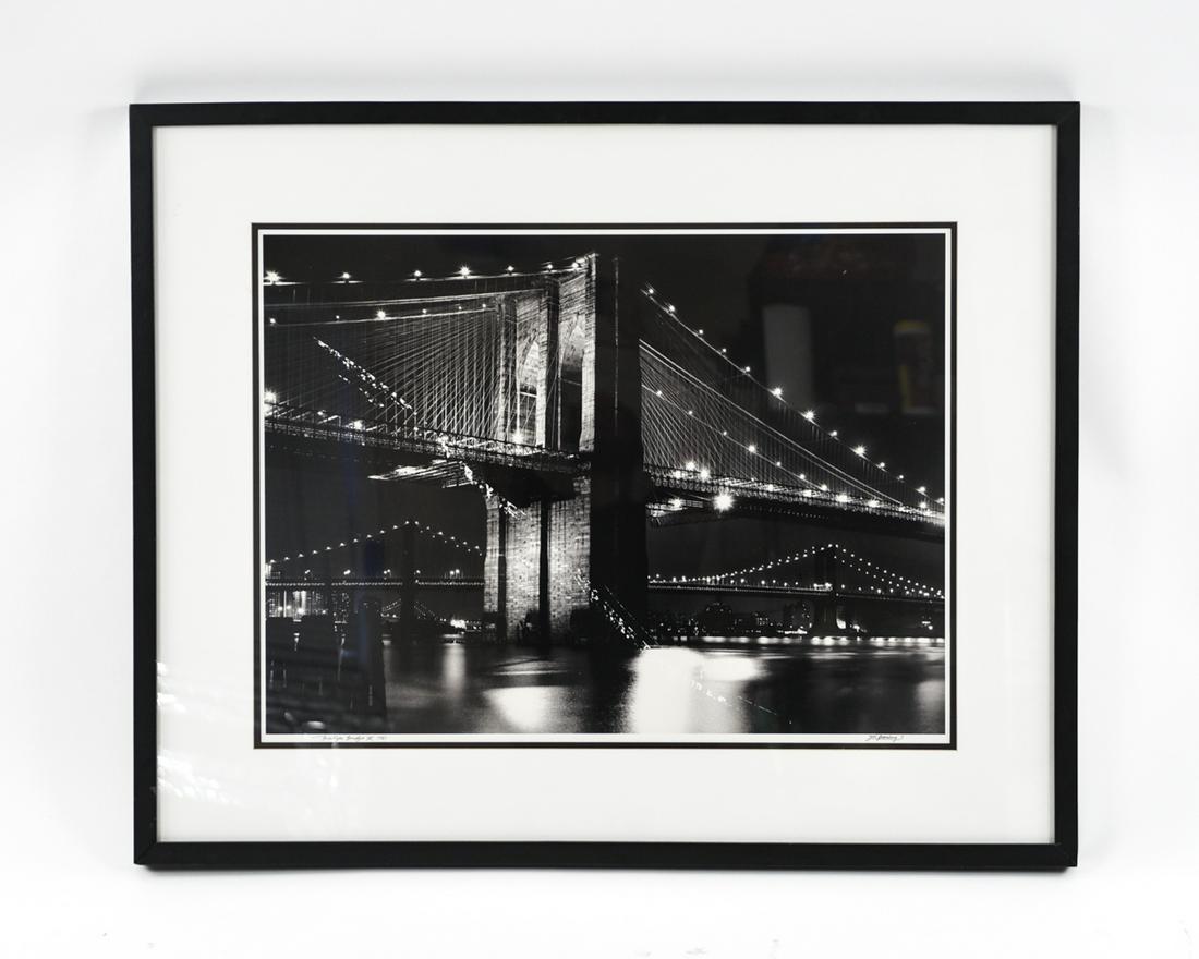 JOEL GREENBERG (AMERICAN, B. 1938) PHOTOGRAPH: Large black & white Brooklyn Bridge photograph by Joel Greenberg. Signed, Titled, "Brooklyn Bridge IV, 1983". Dimensions: (Frame) H 33.5" x W 41.5", (Sight) H 22.5" x W 30" Condition: Light frame wear