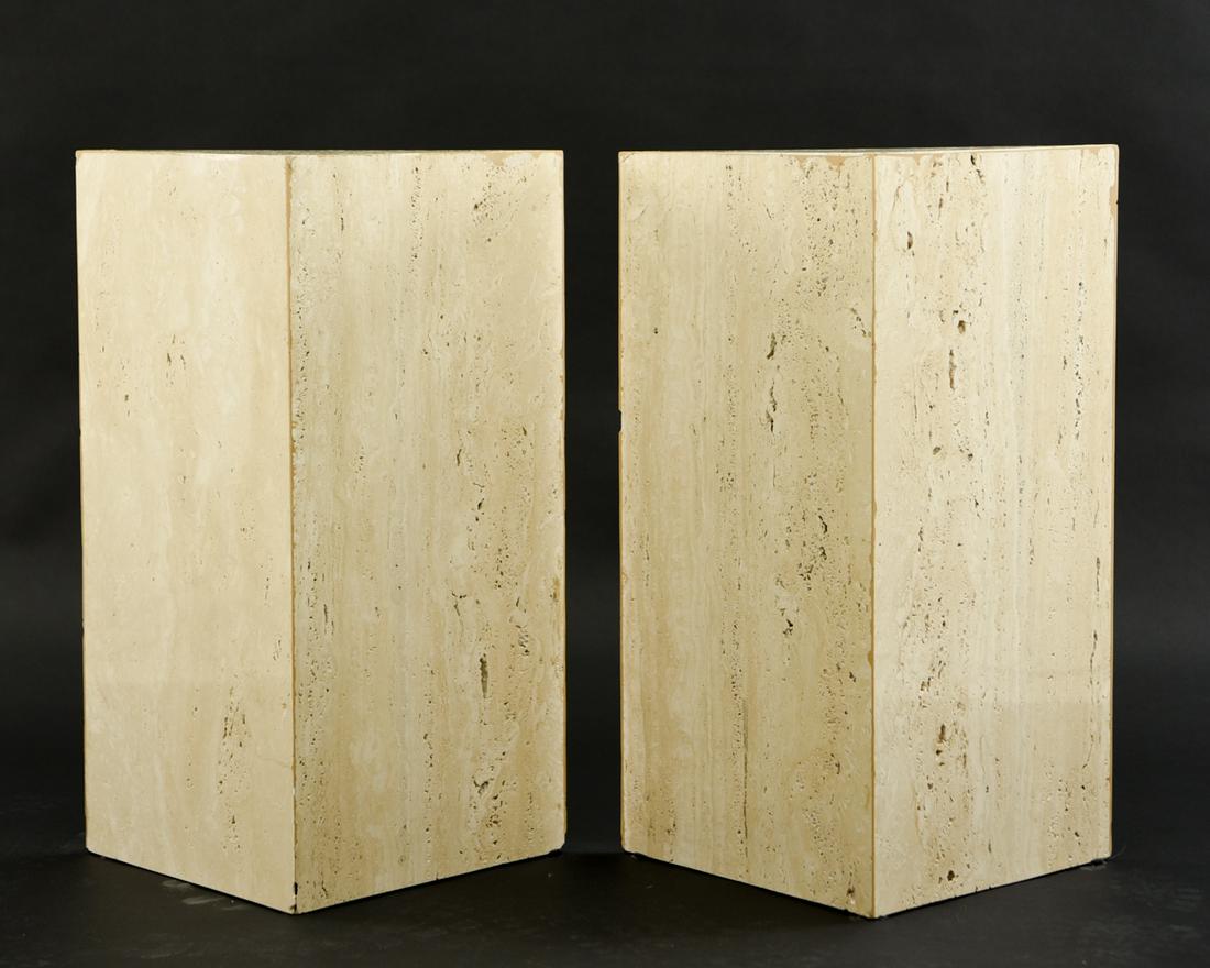 (2) ITALIAN TRAVERTINE MARBLE PEDESTALS: Dimensions: H 28.75" x W 19.5" x D 9.75" Condition: Showing some losses and fills.