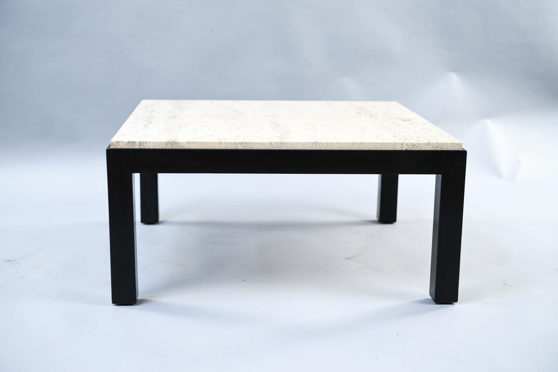 TRAVERTINE MARBLE TOP COFFEE TABLE: Dimensions: H 14.5" x W 30" x D 30" Condition: Chip to edge of top. Few minor nicks and dings to base edges.