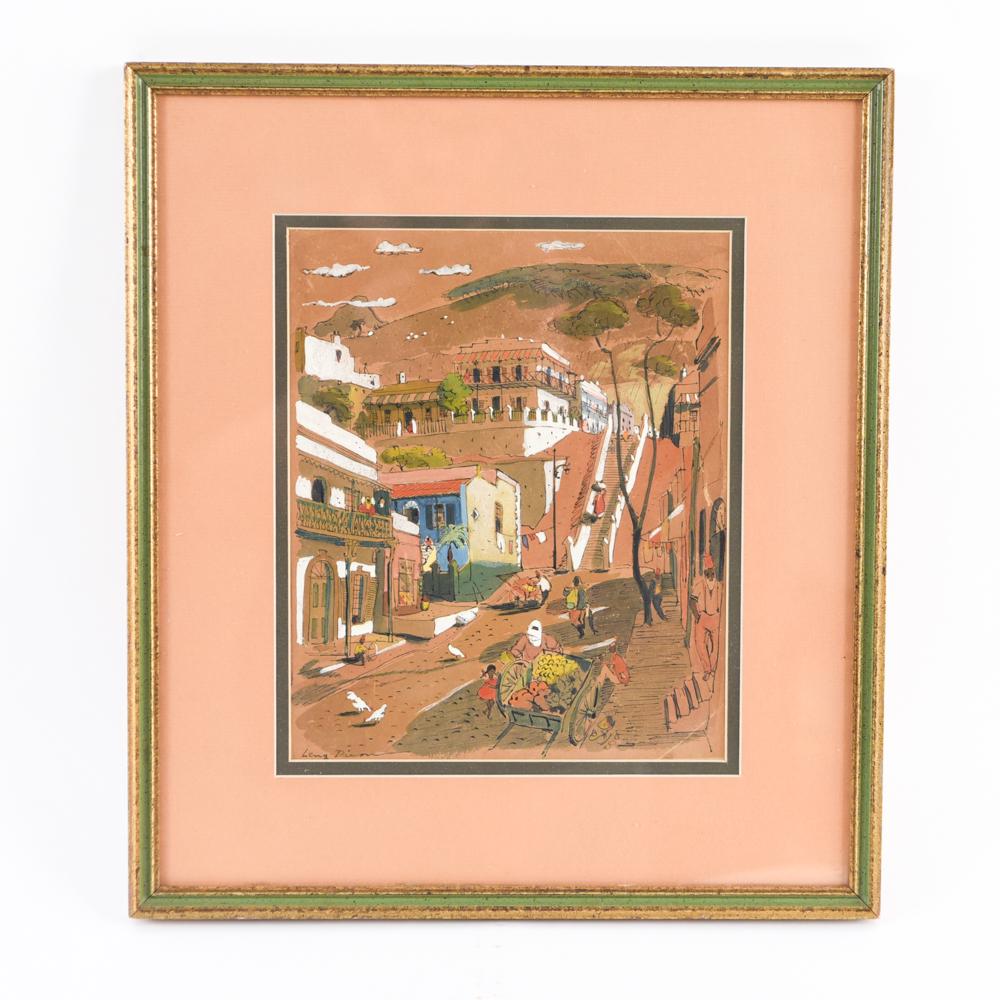 LENG DIXON SOUTH AFRICA (1916-1968): Signed Leng Dixon lower left. Pen, ink, and gouache. South African urban. Dimensions: (Frame) H 16" x W 14", (Sight) H 10" x W 8" Condition: Toning. Surface abrasions to paper. Flattened folds in uppe