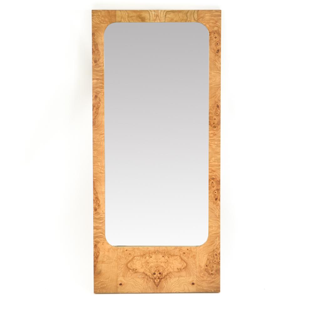 MILO BAUGHMAN BURL MIRROR: Attr. to Milo Baughman. Dimensions: H 47" x W 21.25" Condition: Area with some scratches. Couple dings to some edges.