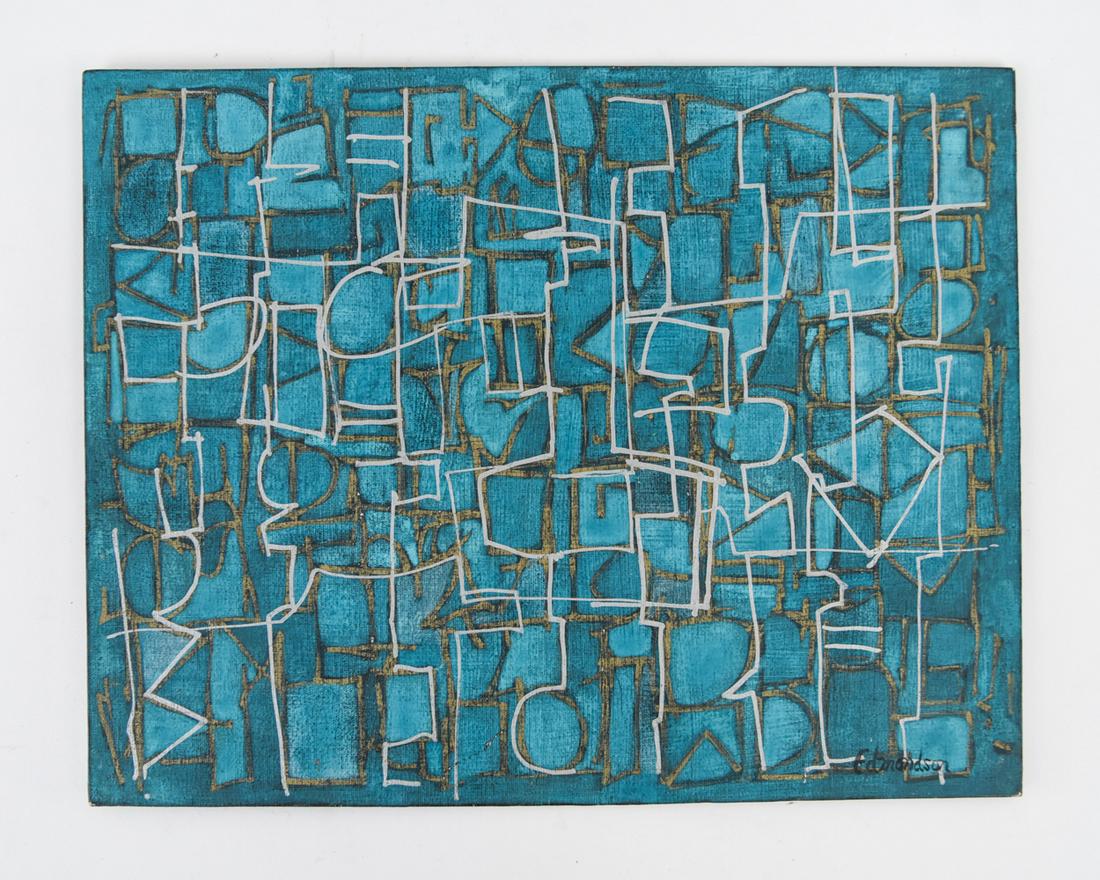 LEONARD EDMONDSON (CALIFORNIA) ABSTRACT: Oil and metallic marker on board. Signed Edmondson lower right corner. Dimensions: H 11" x W 14" Condition: Some light wear to edges of board.