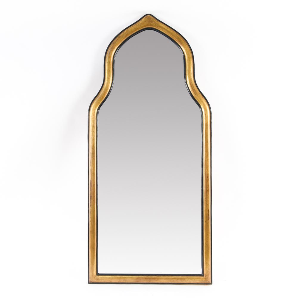 GILT GESSO PIER MIRROR W/ MOORISH ARCH: Decorative Arts Inc. label verso. Made by Friedman Bros, NYC, c. 1950s. Dimensions: H 52.75" x W 23.75" Condition: Some wear to frame.