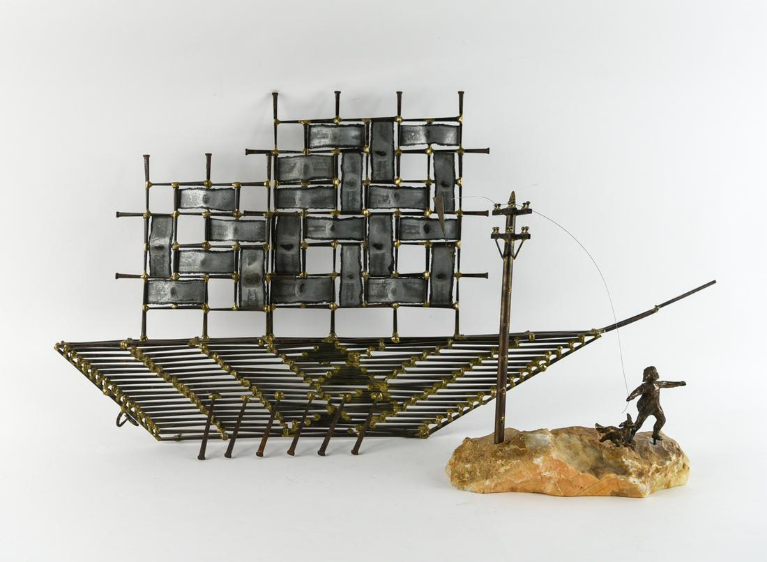 (2) MID-CENTURY METAL SCULPTURES: Curtis Jere boy/kite signed on boy's leg. Dimensions: (Ship) H 21.75" x W 40.5" x D 5.5" Condition: No issues to note.
