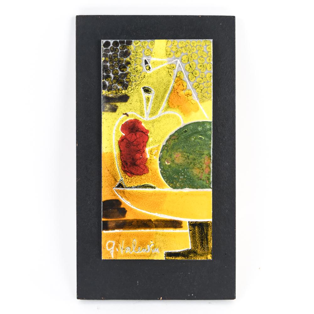 GILBERT VALENTIN TILE ART: Signed lower left and verso of backing. Galerie les Archanges, Vallauris, France c. 1958. Dimensions: (Overall) H 15.75" x W 8.75", (Tile) H 12" x W 6" Condition: Some wear to paint on wood.