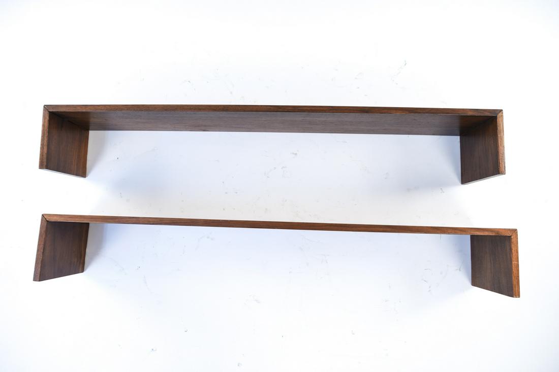 (2) MID-CENTURY WALL MOUNT SHELVES: Dimensions: H 6.75" x W 48" x D 9" Condition: Some joint separation at corners. Light wear consistent with age and use.