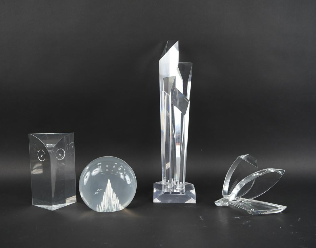 (4) LUCITE SCULPTURE GROUPING: Ritts Astrolite 5 pc. Abstract sculpture, Will Hardy carved landscape; Hivo Van Teal abstract; 10" Guzzini/Guzzini style owl. Dimensions: (Largest) H 22.75" x W 6" x D 6" Condition: Some light scratch