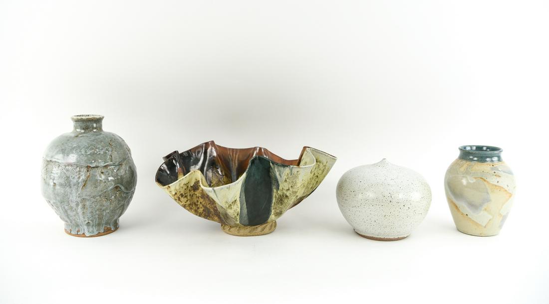 (4) LARGE STUDIO POTTERY VASES, ETC.: Including a massive hand built handkerchief bowl; large vase by Anastasia; closed form vase by Pang. Dimensions: (Largest) H 8.25" x D 16.5" Condition: No issues to note.