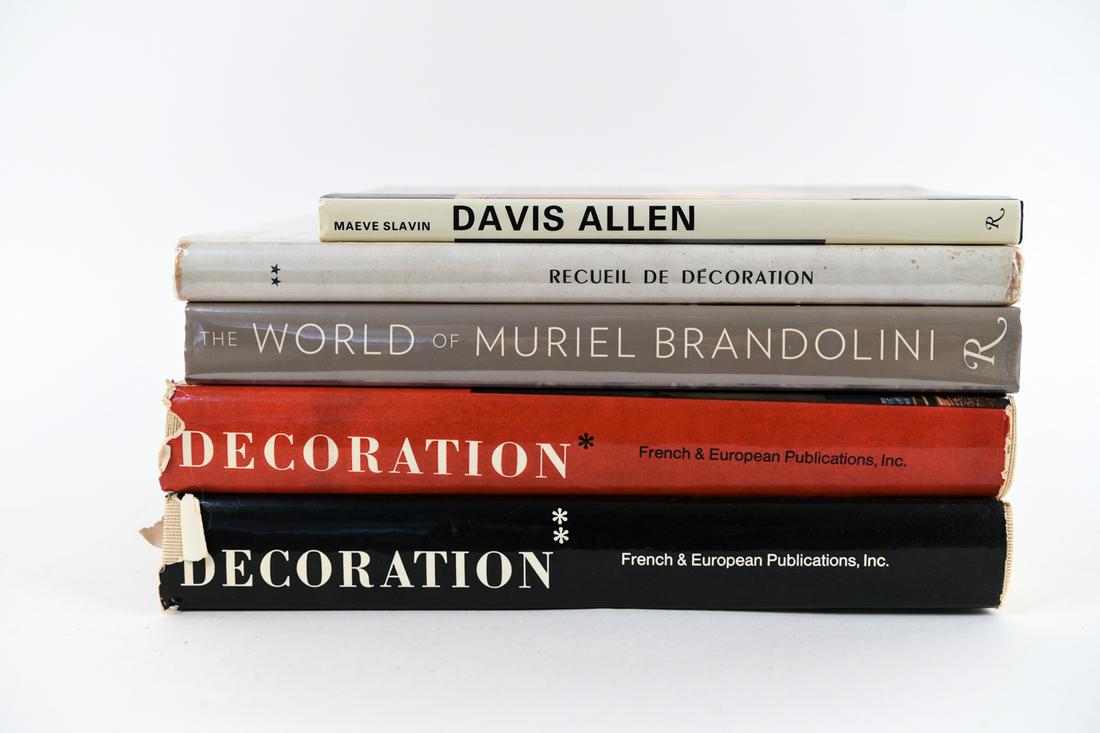 GROUPING OF INTERIOR DESIGN/DECORATIVE ARTS BOOKS: (5) books including Decoration*, Decoration**, The World of Muriel Brandolini, Recueil de Decoration, and Davis Allen. Dimensions: (Decoration*) H 12.75" x W 10" x D 1.5" Condition: Wear and tear cons