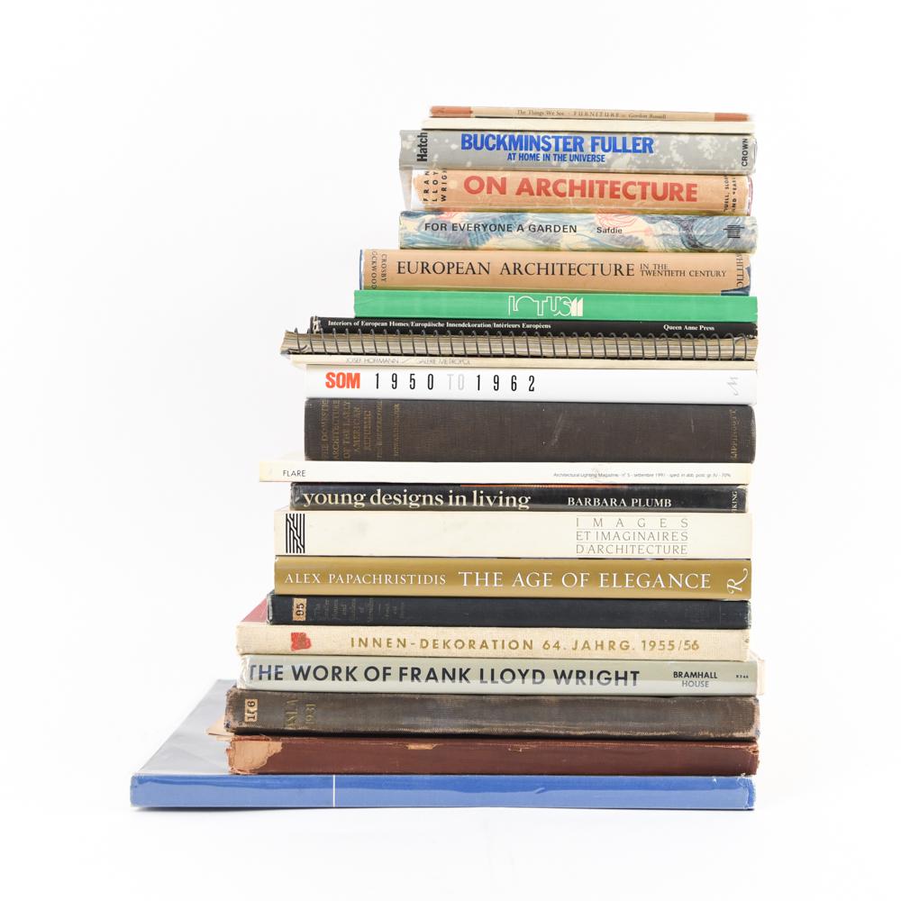 GROUPING OF ART & ARCHITECTURE BOOKS: Including The Work of Frank Lloyd Wright, Josef Hoffman, Young Designs in Living. Dimensions: (Tallest) H 15.25" x W 11.25" Condition: Showing wear and tear consistent with age and use.