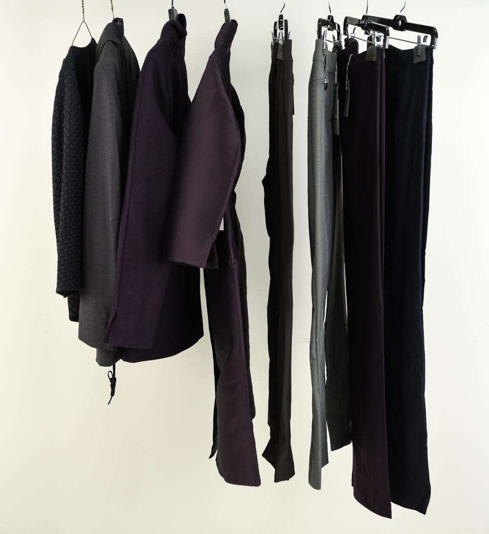 BILL BLASS DESIGNER CLOTHING GROUPING: Including a black belted silk /wool blazer (size 10); grey wool blazer (mid length, size 8); Chocolate Onasis Riding pant (Size, 8, new); Cadet Flannel Hudson pant in dusk (dark blue, size 8, new); Du