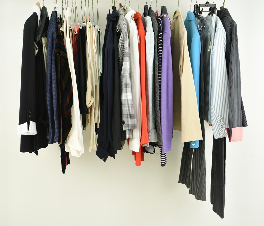 GROUPING OF LADIES VINTAGE DESIGNER CLOTHING: Including three pairs of wool slacks (size 46), A. Norma Leggy; three pairs of off-white silk pants including Pluto (size 40); Donna Karan slacks; off-white silk tops; black silk slacks, no label; mis