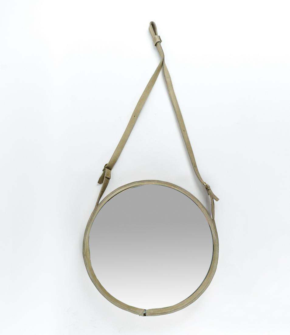 JACQUES ADNET STYLE LEATHER CIRCULAR MIRROR: Stitched leather. Dimensions: Dia. 18" Condition: Some separation at seems, surface wear to leather.