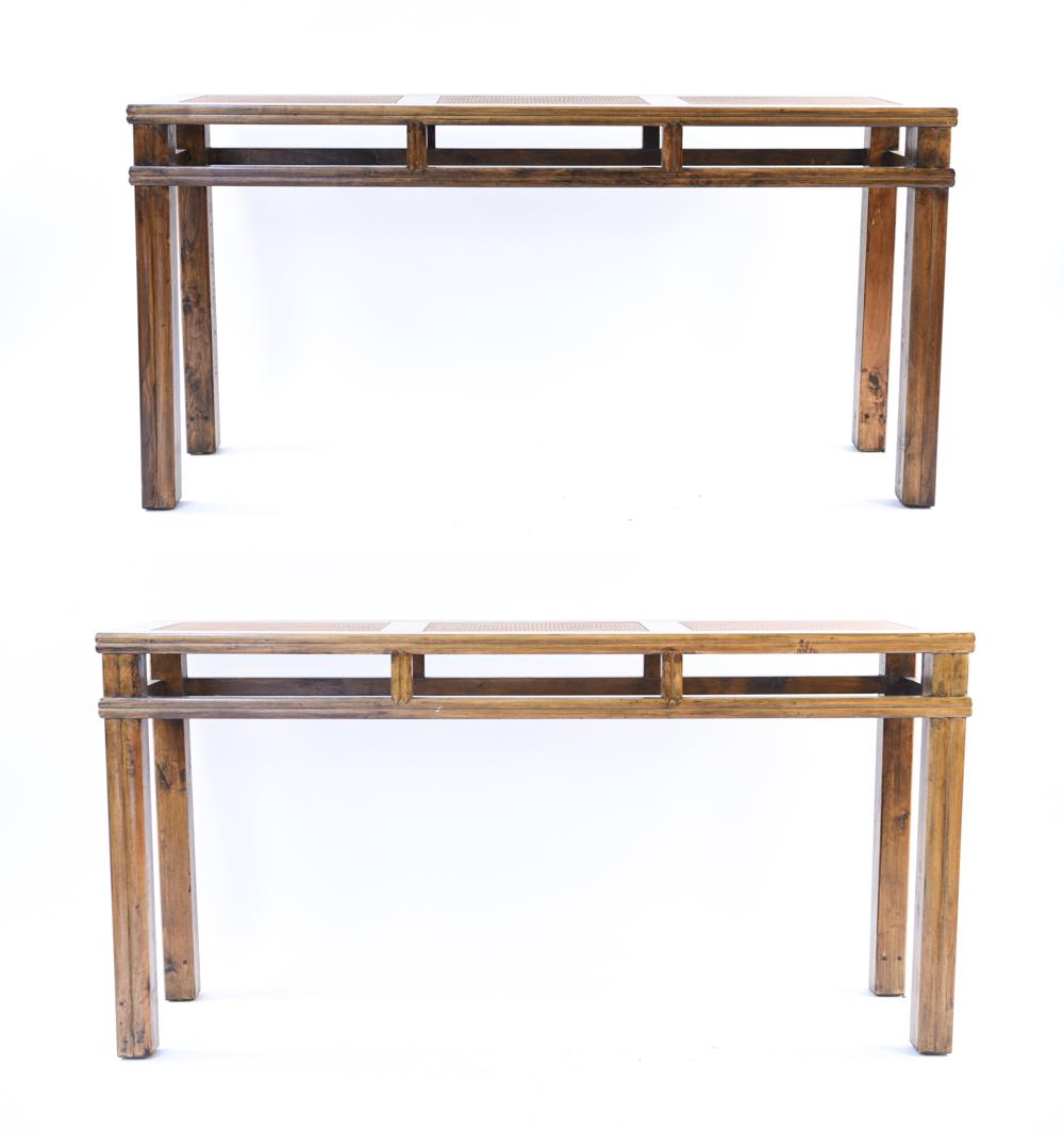 PAIR OF WOOD AND RATTAN CONSOLE TABLES: Dimensions: H 32" x W 63" x D 18" Condition: A few surface scratches, showing signs of light wear.