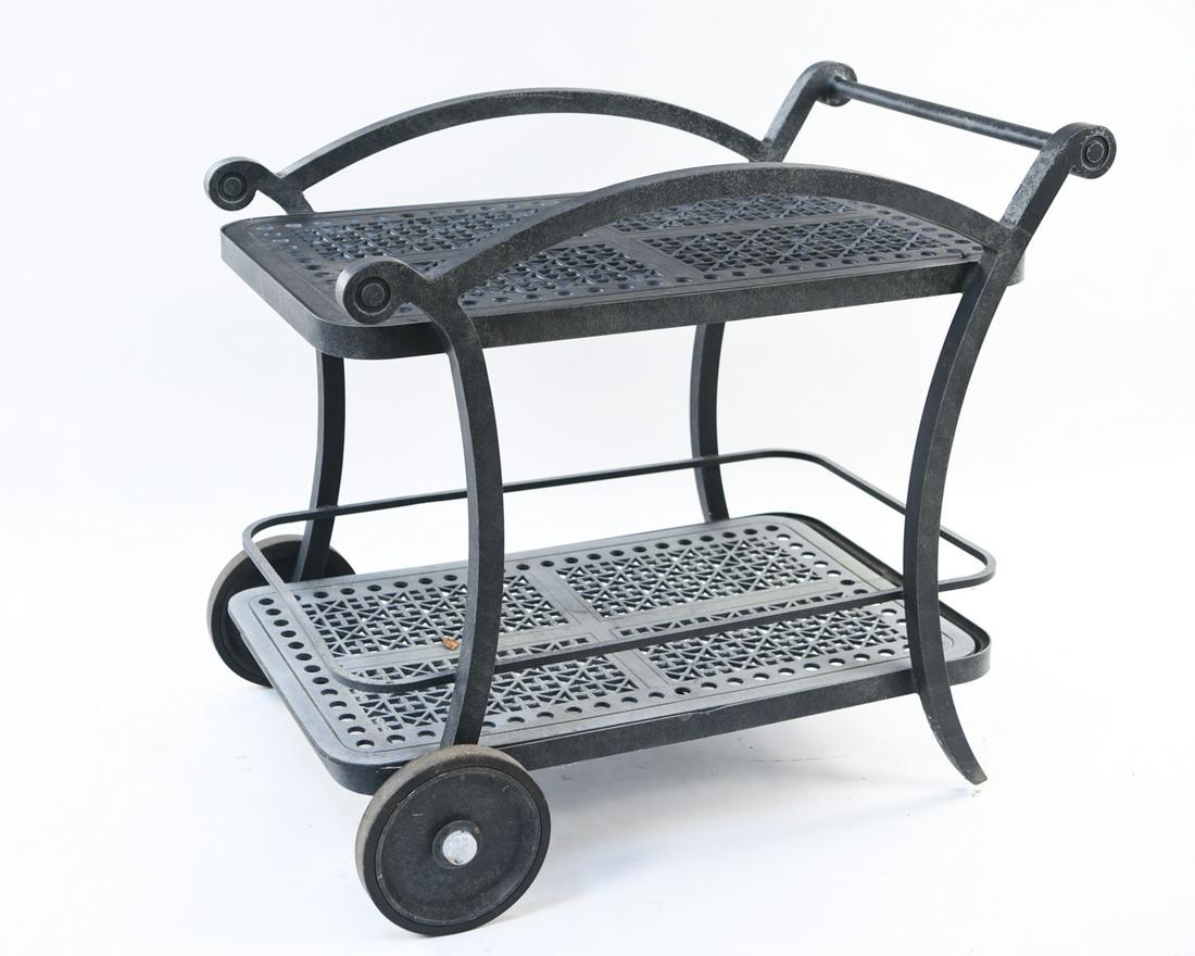 CAST ALUMINUM OUTDOOR BAR CART: Dimensions: H 34" x W 39" x D 29" Condition: Wear consistent with outdoor exposure. Some finish loss.